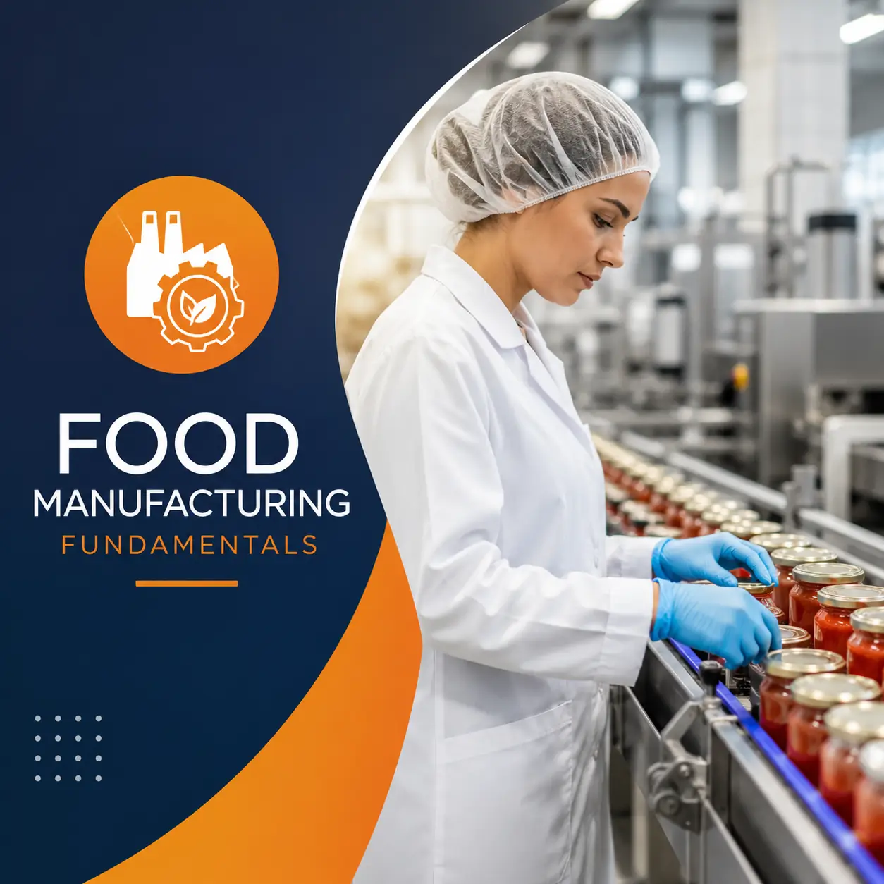Food Manufacturing Fundamentals course cover featuring a food production worker inspecting packaged products on a modern manufacturing line in a hygienic processing facility.