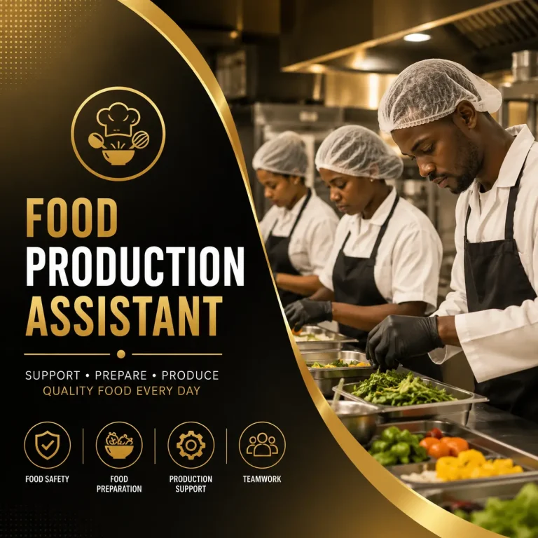 Food Production Assistant course cover featuring food production workers preparing fresh ingredients in a commercial kitchen with a black and gold professional design.