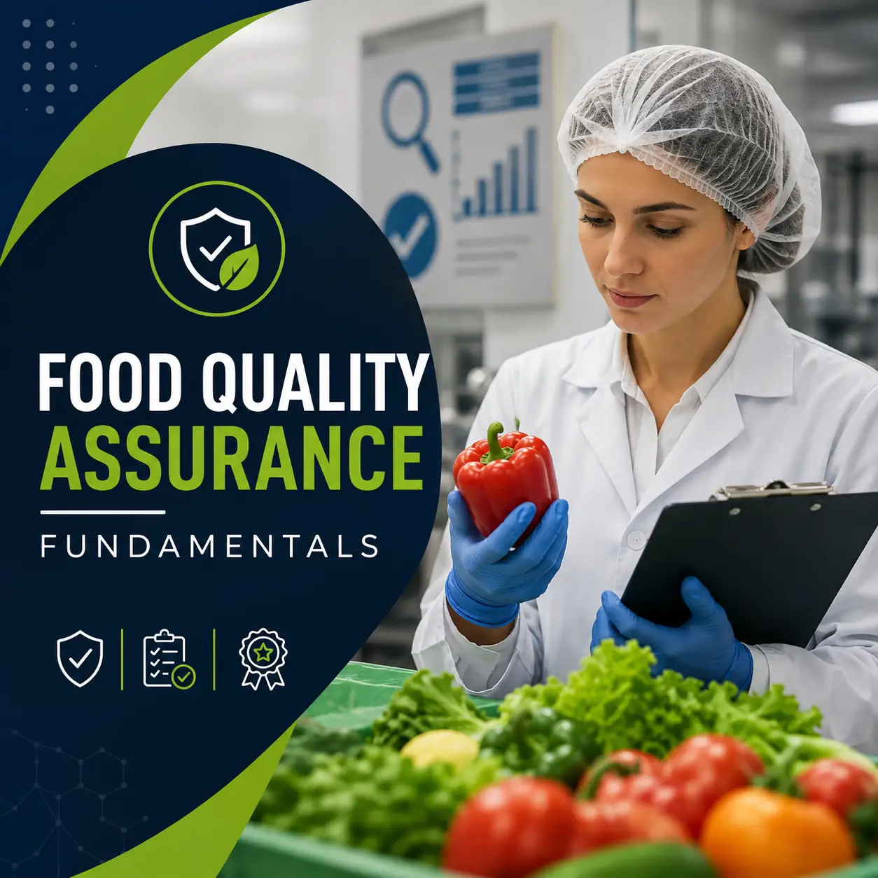Food Quality Assurance Fundamentals course cover featuring a food quality professional inspecting fresh produce and completing quality control checks.
