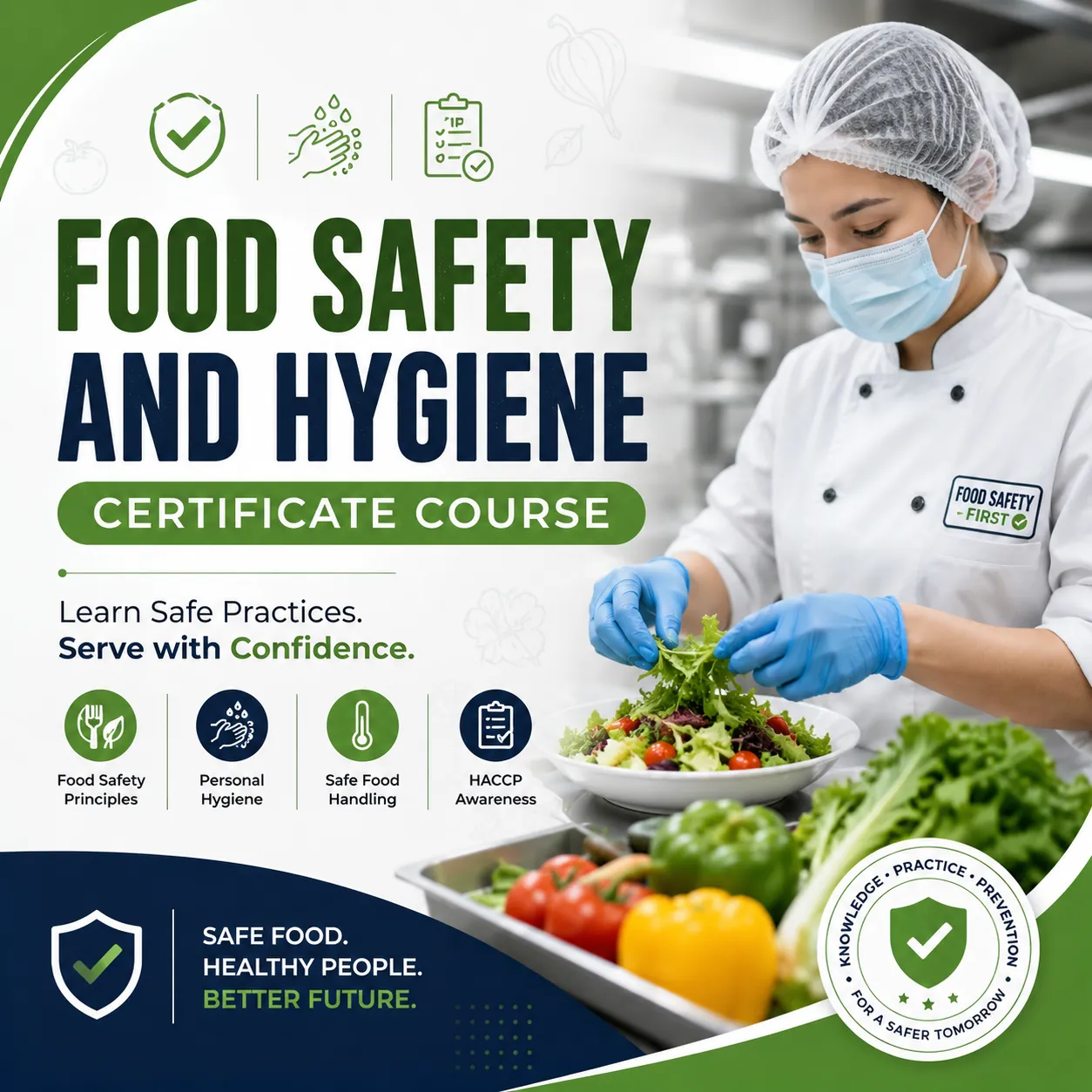 Food Safety and Hygiene Certificate Course cover image featuring a food handler preparing fresh vegetables while following hygiene and food safety procedures in a professional kitchen