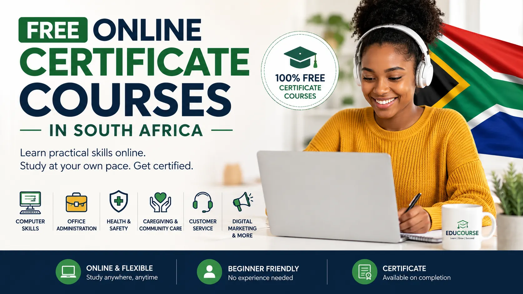 Free online certificate courses in South Africa with a student learning online using a laptop and headphones, representing digital skills and online education through EduCourse.