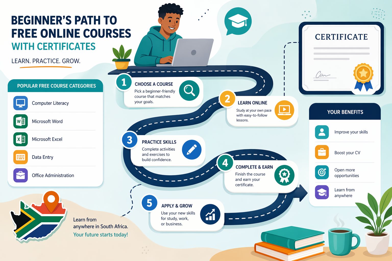 Illustrated learning path showing beginner online course options
