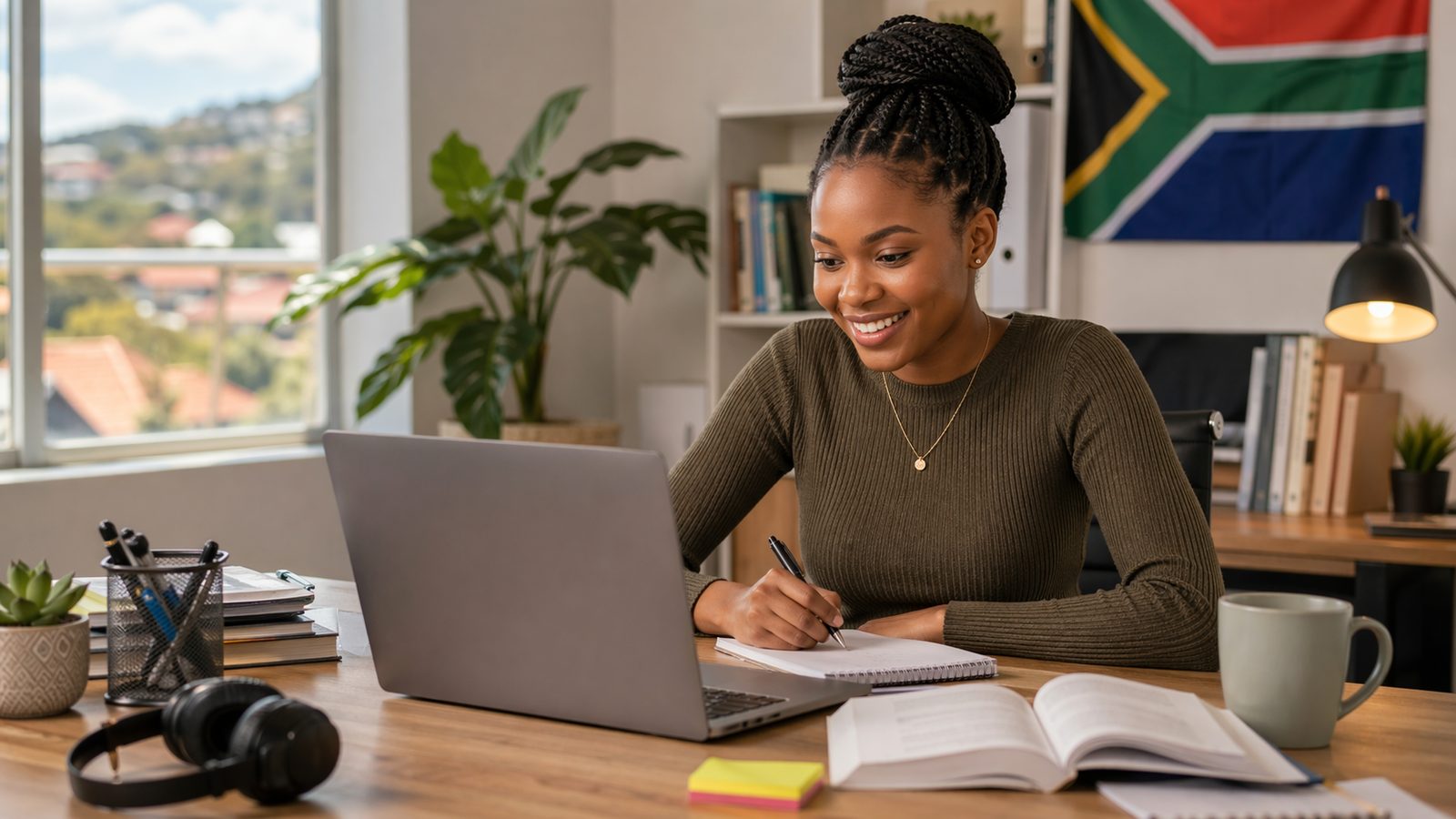 Beginner learner studying a free online course with certificate on a laptop