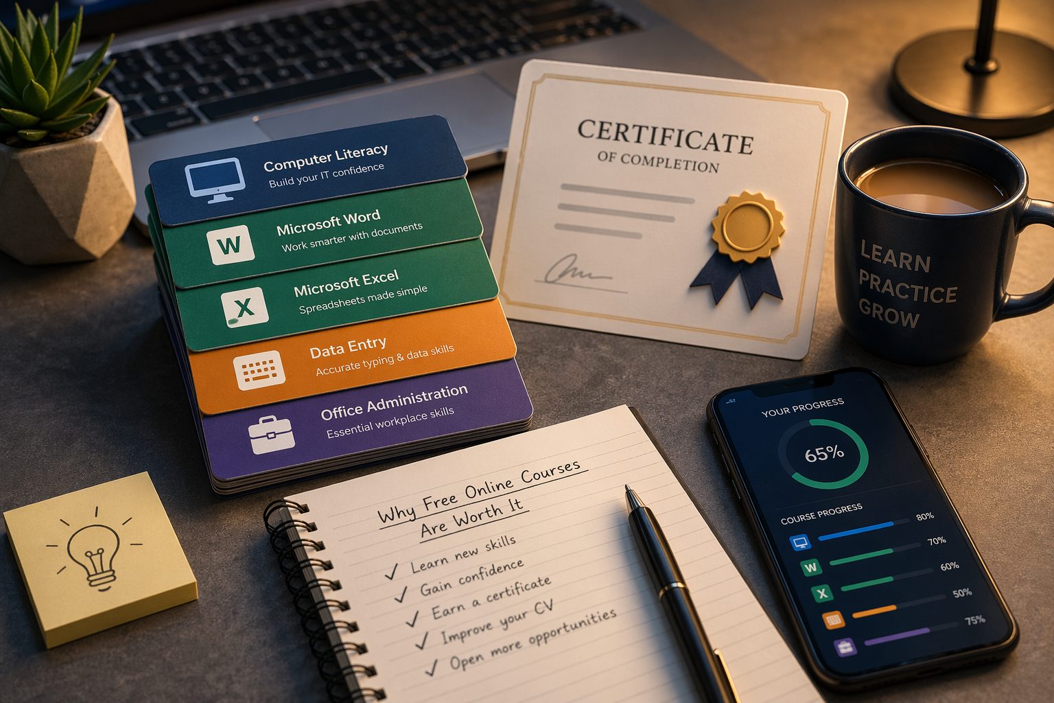 3D concept showing online course tools, certificate badge, and study progress