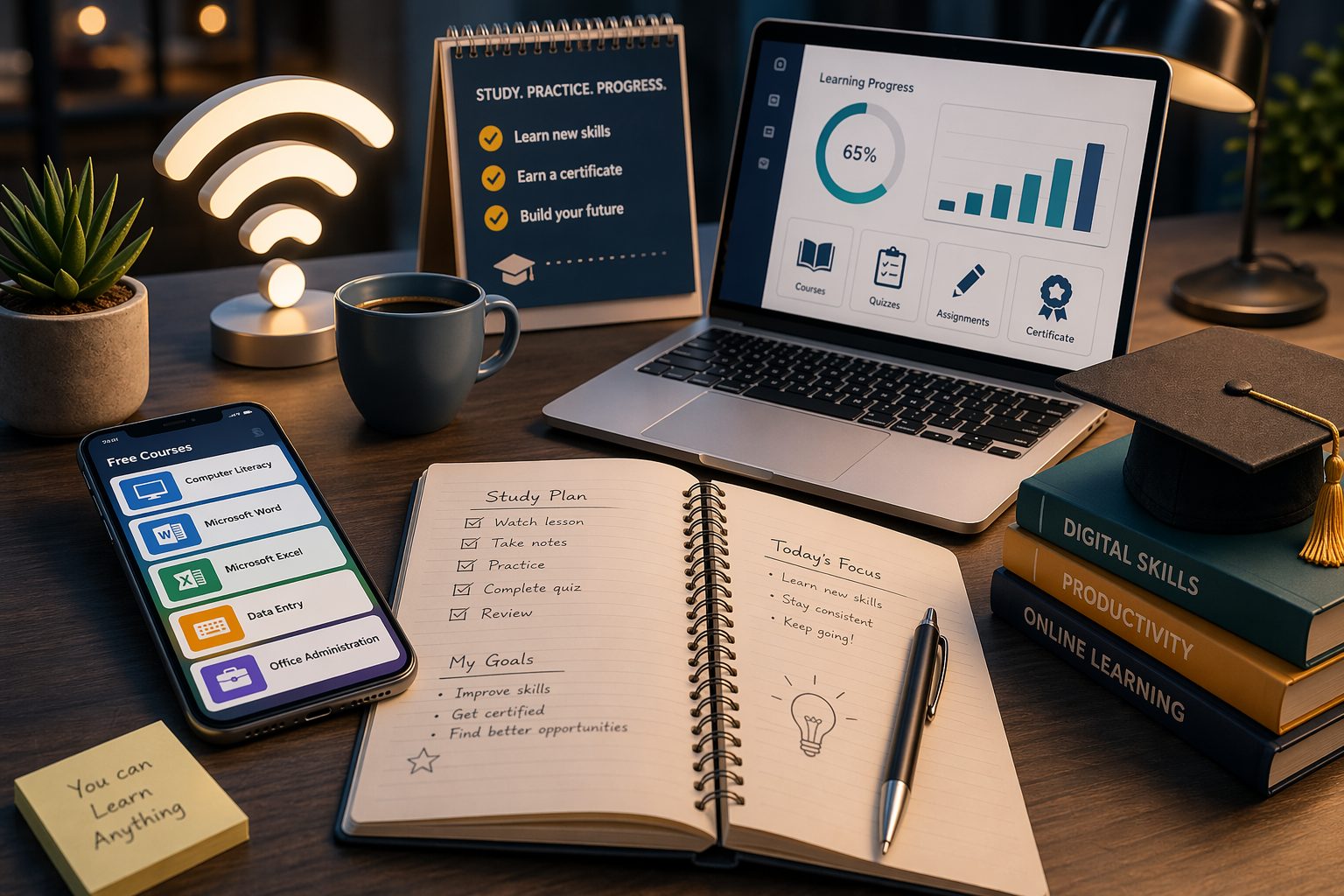 3D scene showing free online study tools and learning progress icons