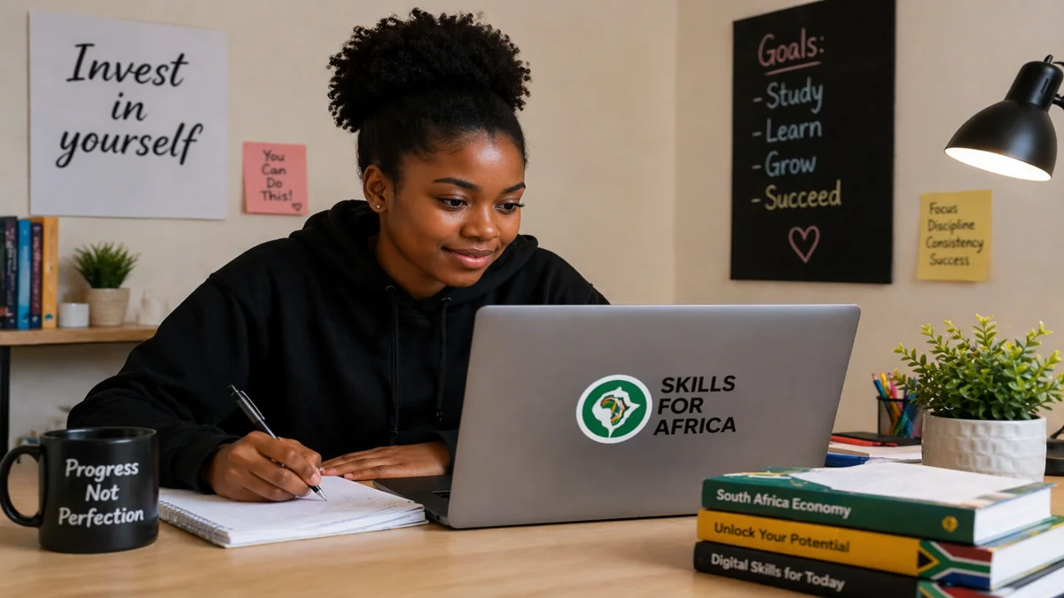 Student studying free training courses in South Africa on a laptop