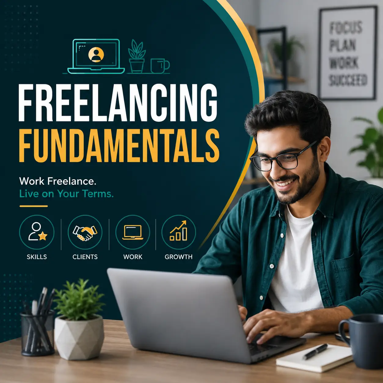 Freelancer working on a laptop in a home office while learning freelancing fundamentals, client management, remote work, and business growth.