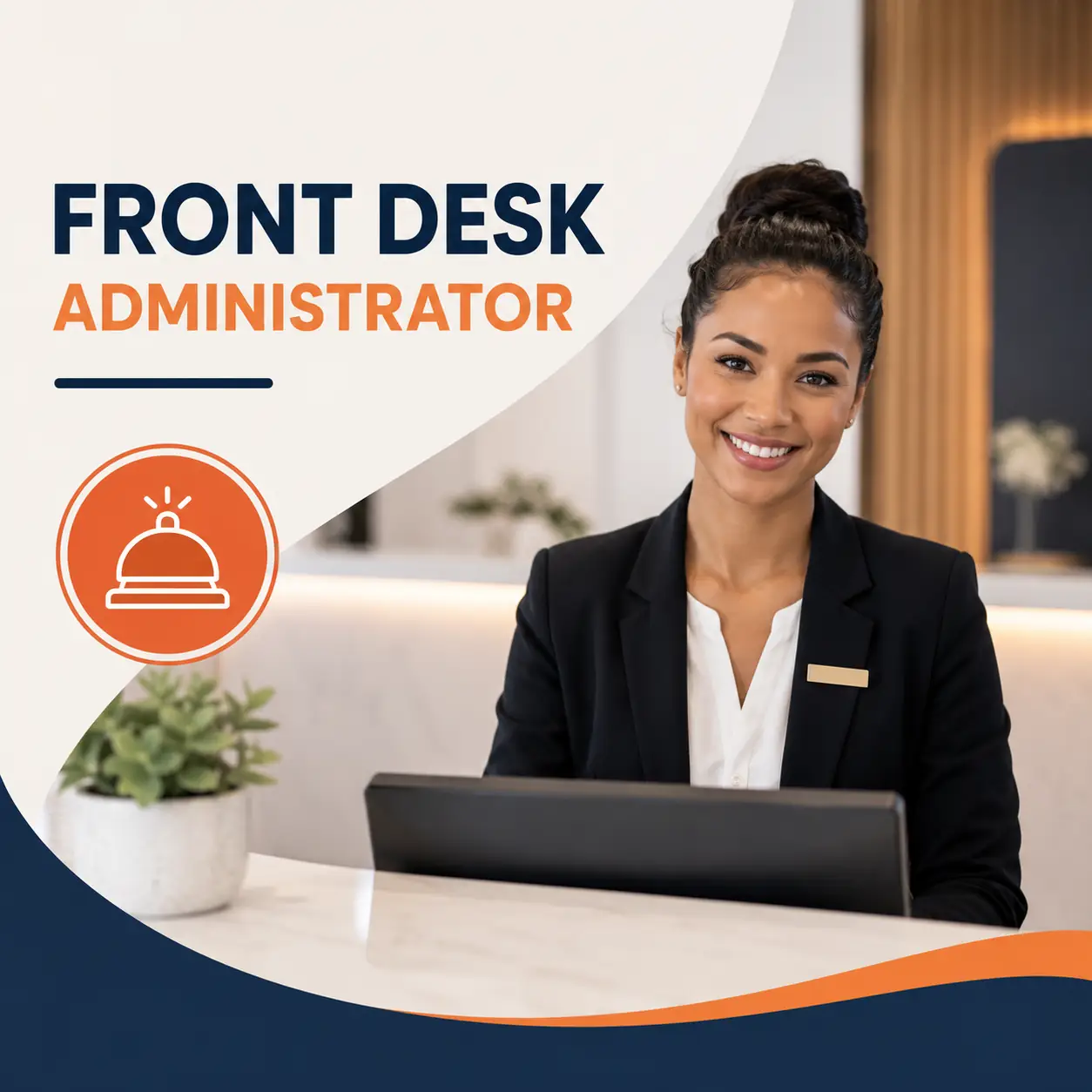 Front Desk Administrator course cover featuring a professional receptionist welcoming visitors from a modern reception desk.