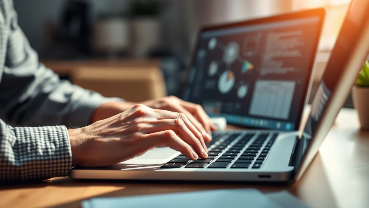 Person learning artificial intelligence skills on a laptop in a modern workspace
