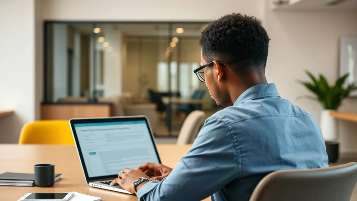 Person learning artificial intelligence skills on a laptop in a modern workspace