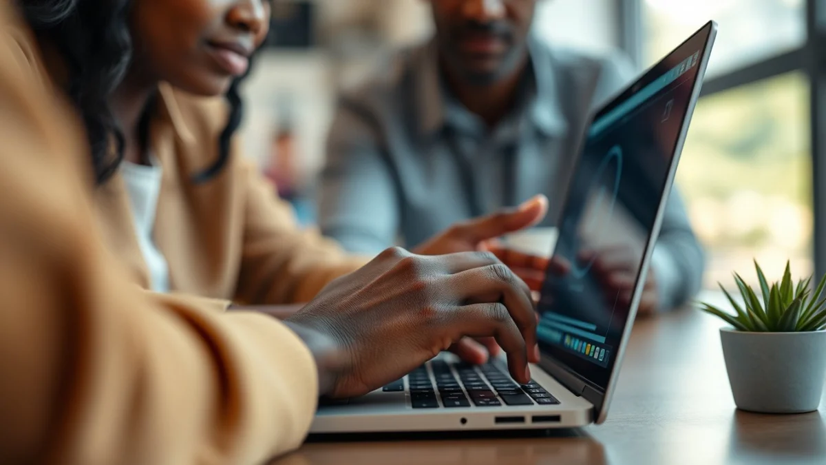 Person learning artificial intelligence skills on a laptop in a modern workspace