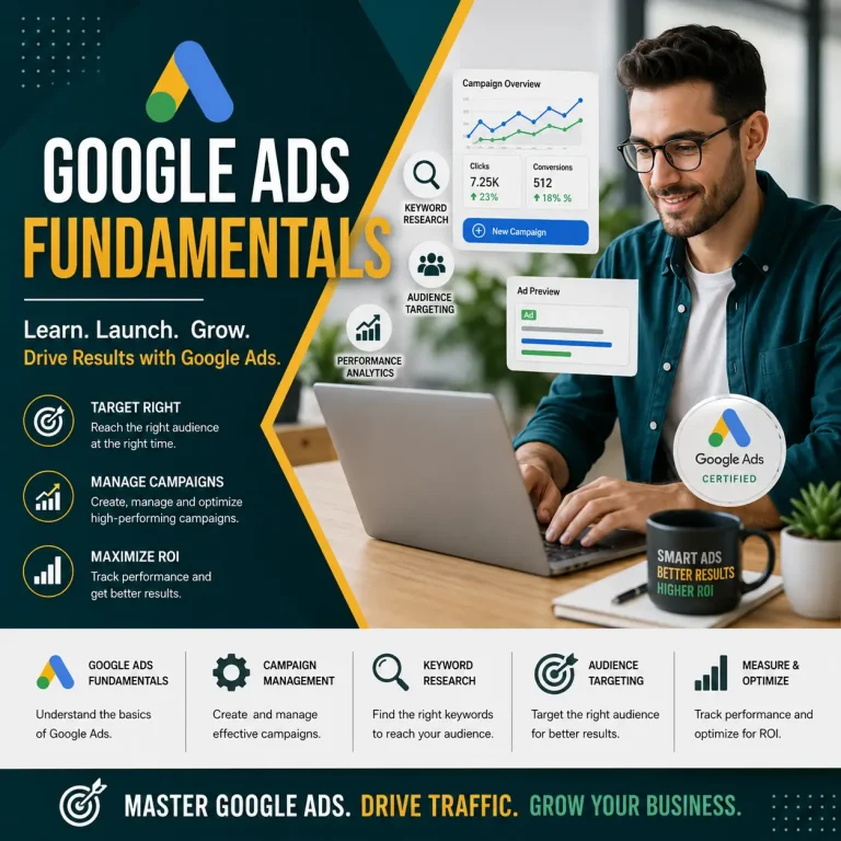 Google Ads Fundamentals course cover featuring a digital marketer managing online advertising campaigns with keyword research, audience targeting, and campaign analytics.