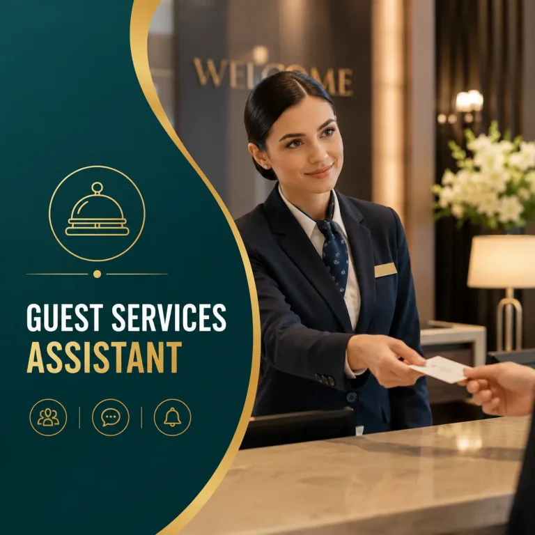 Guest Services Assistant course cover featuring a professional hotel receptionist handing a guest a key card at a hotel reception desk with a modern teal and gold design.
