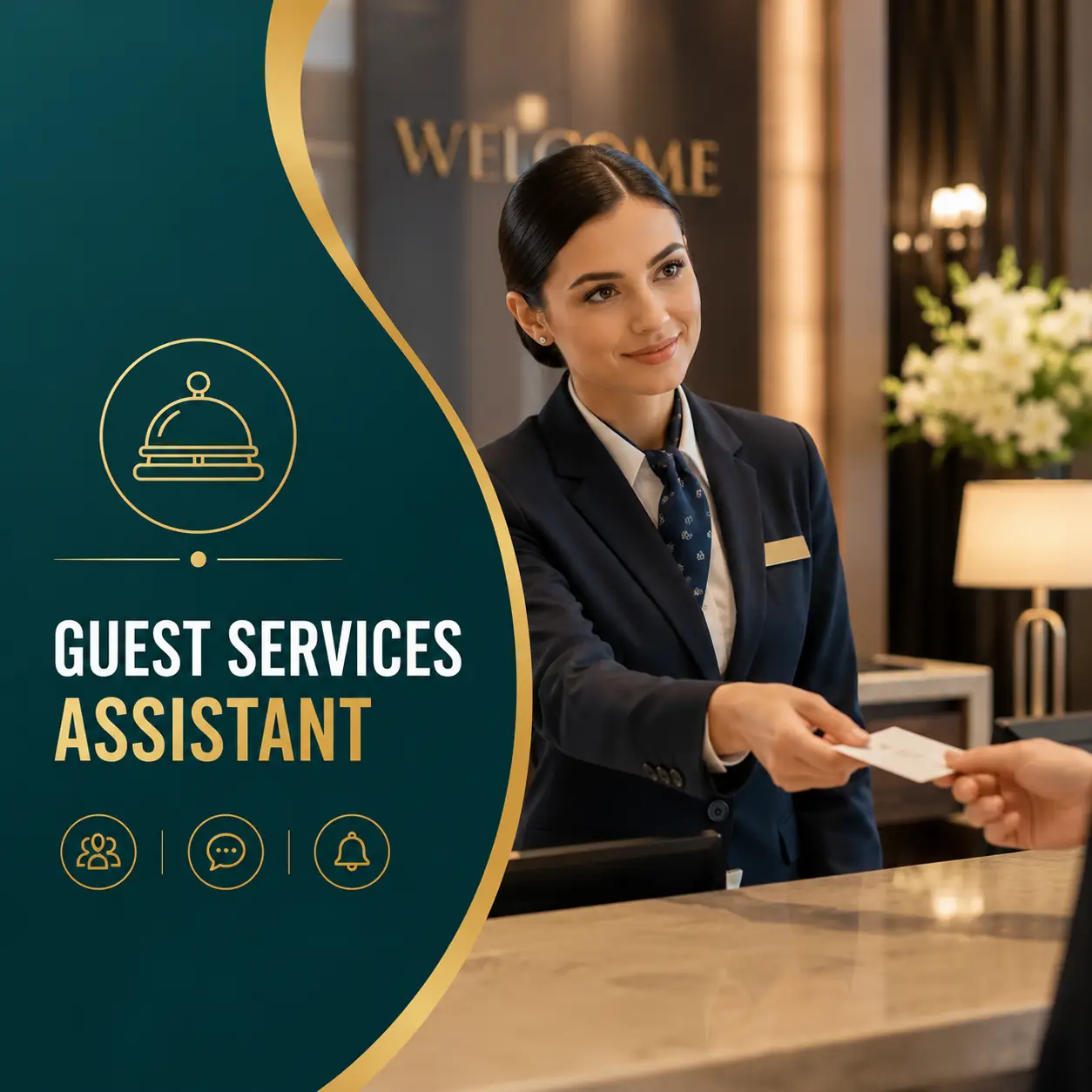 Guest Services Assistant course cover featuring a professional hotel receptionist handing a guest a key card at a hotel reception desk with a modern teal and gold design.