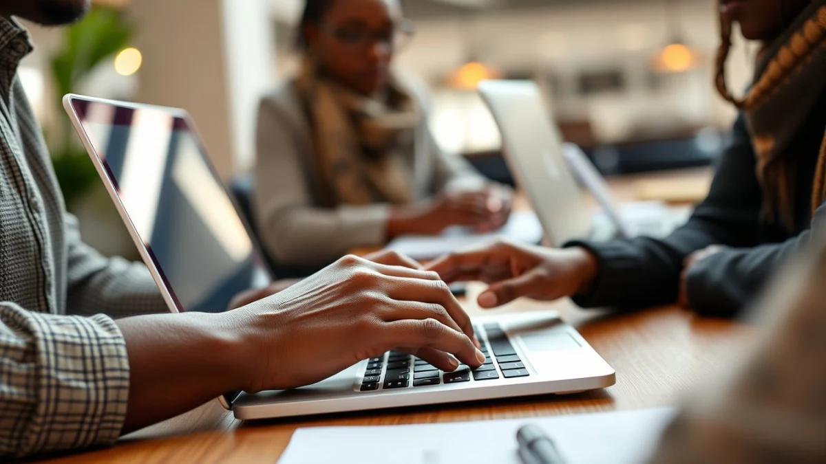 Person learning artificial intelligence skills on a laptop in a modern workspace