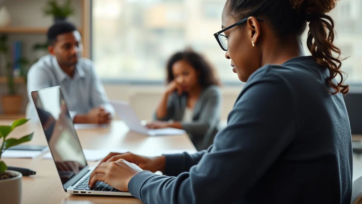 Person learning artificial intelligence skills on a laptop in a modern workspace