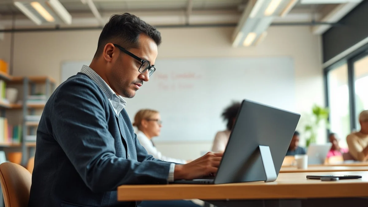 Person learning artificial intelligence skills on a laptop in a modern workspace