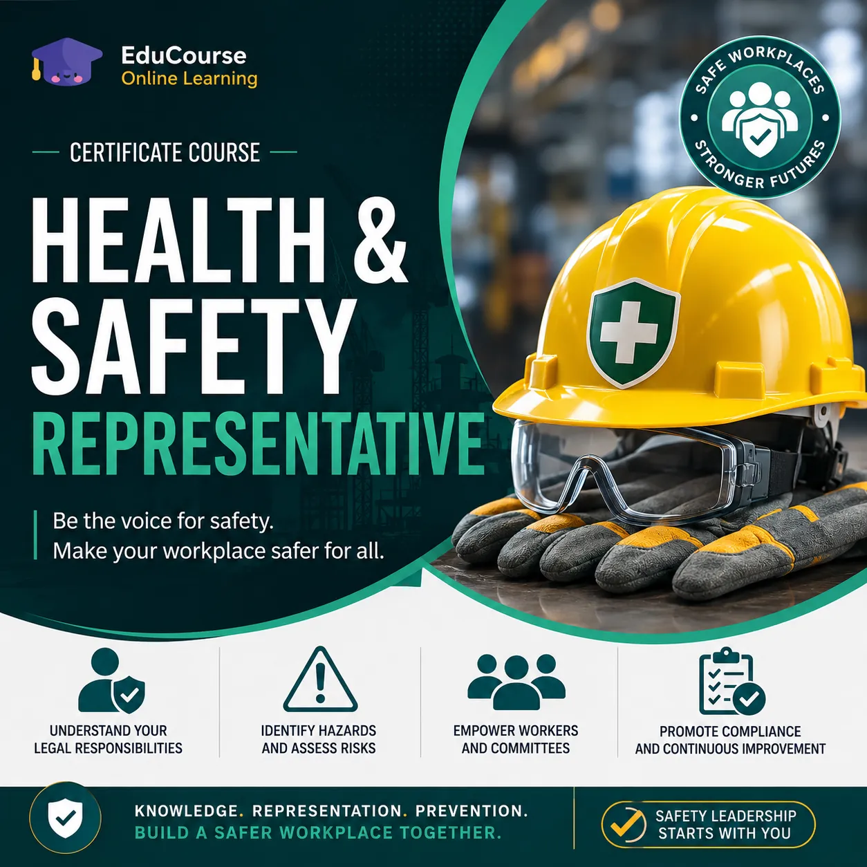 Professional Health and Safety Representative course cover featuring workplace safety equipment, compliance training, and hazard prevention visuals