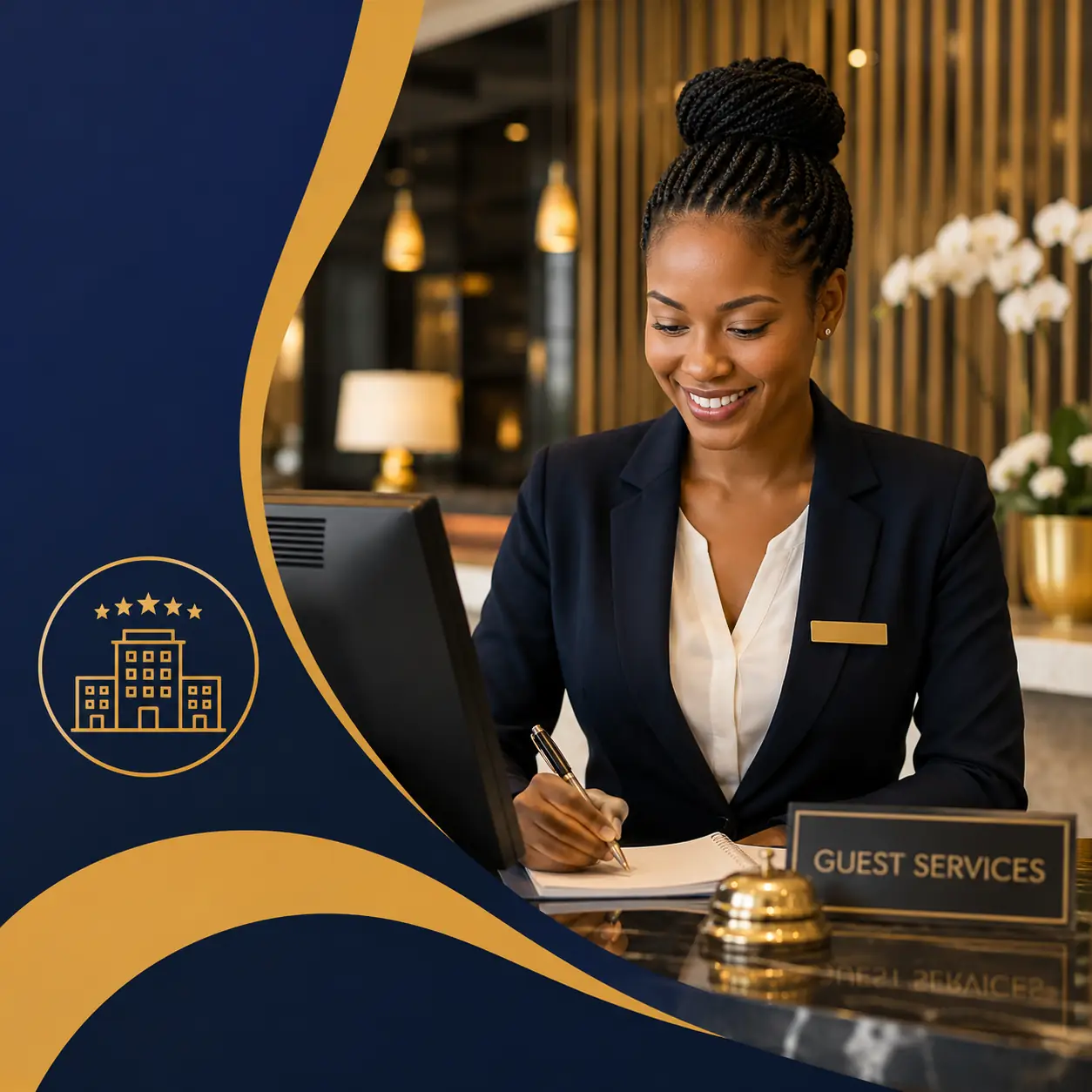 Hospitality Administrator course cover featuring a professional hospitality administrator assisting guests from a modern hotel reception desk with elegant navy and gold branding.