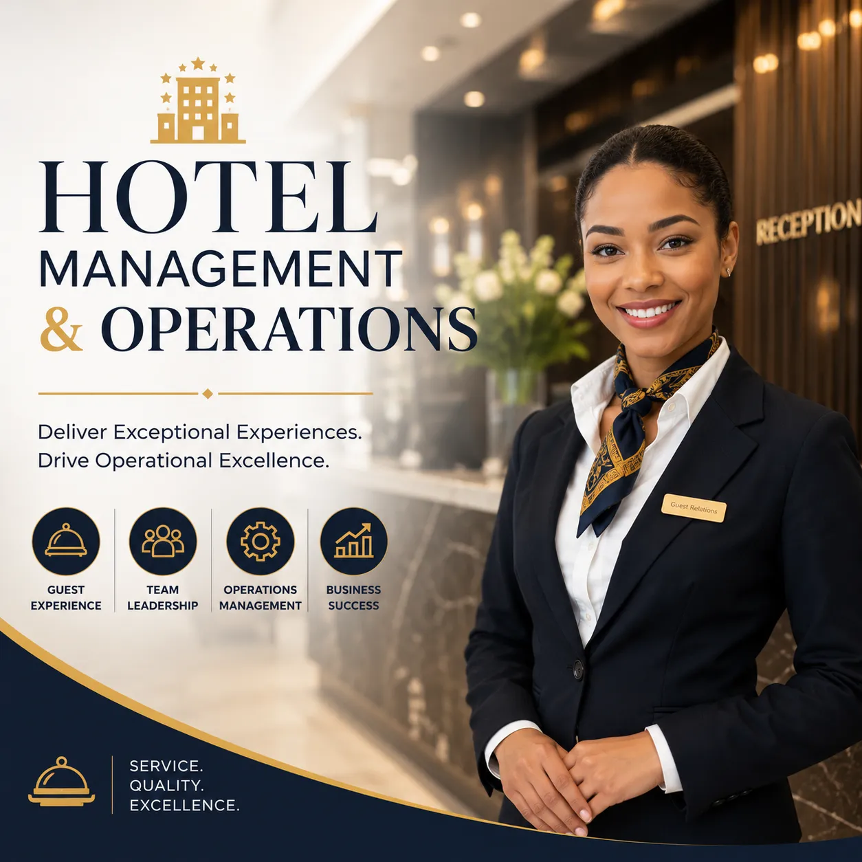 Professional hotel management and operations course cover featuring a South African female hotel receptionist in a luxury hotel lobby with hospitality and business management elements.