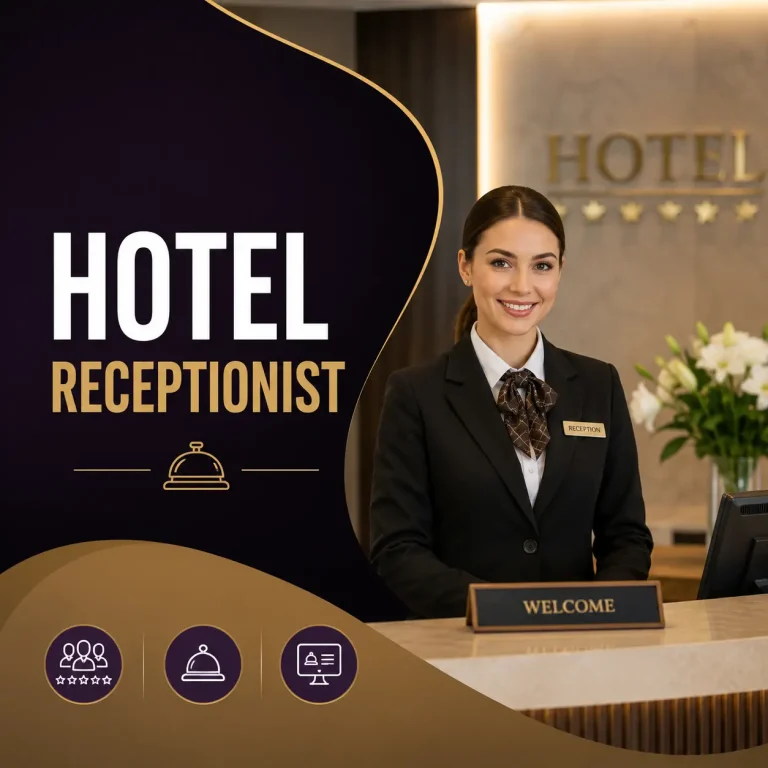 Hotel Receptionist course cover featuring a professional receptionist welcoming guests at a luxury hotel front desk with an elegant purple and gold design.