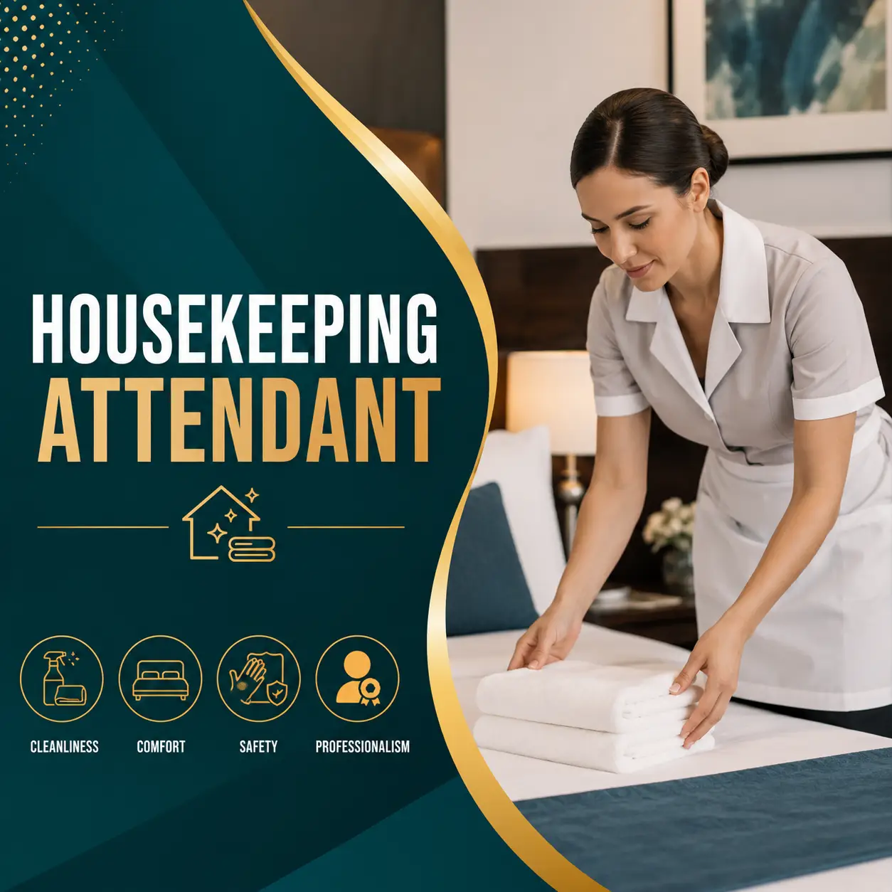 Housekeeping Attendant course cover featuring a professional housekeeper neatly folding towels in a modern hotel room with a teal and gold design.
