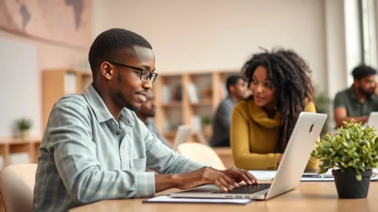 Person learning artificial intelligence skills on a laptop in a modern workspace