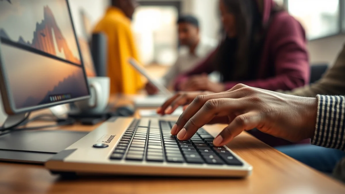Person learning artificial intelligence skills on a laptop in a modern workspace