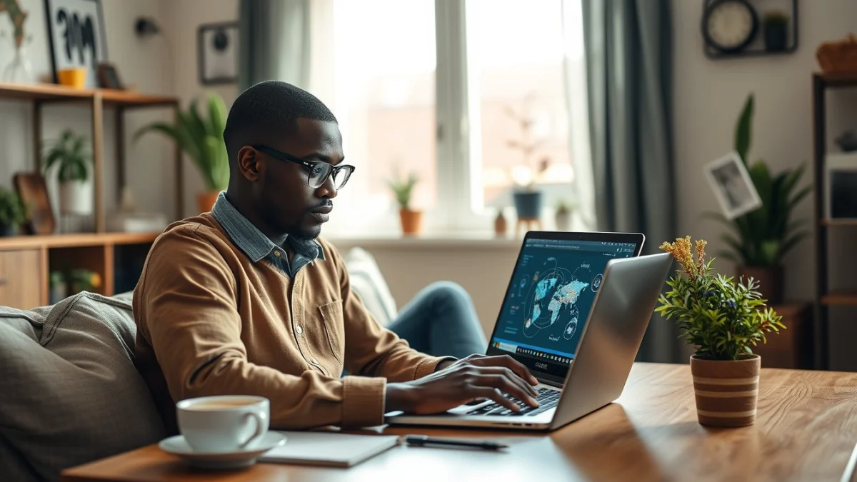 Person learning artificial intelligence skills on a laptop in a modern workspace