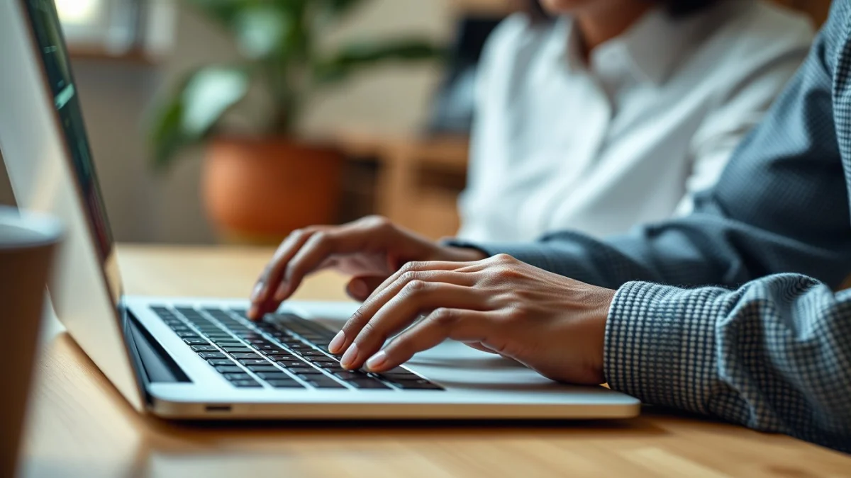 Person learning artificial intelligence skills on a laptop in a modern workspace