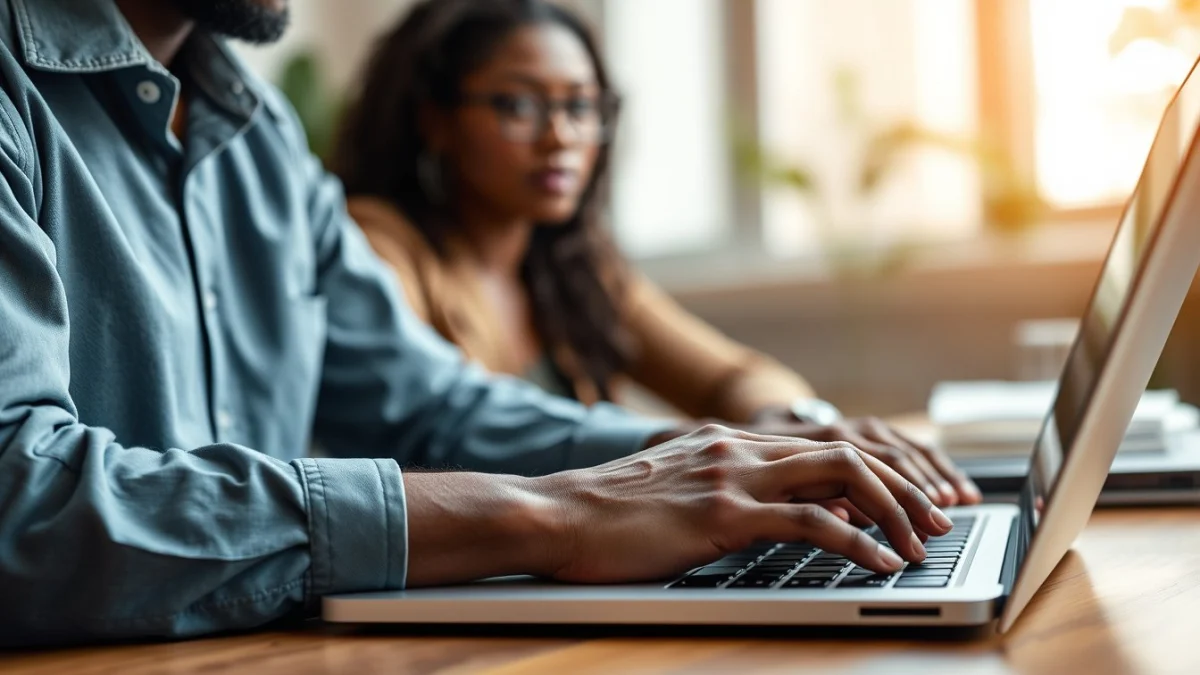 Person learning artificial intelligence skills on a laptop in a modern workspace
