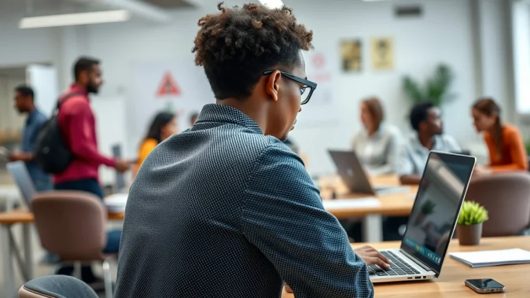 Person learning artificial intelligence skills on a laptop in a modern workspace
