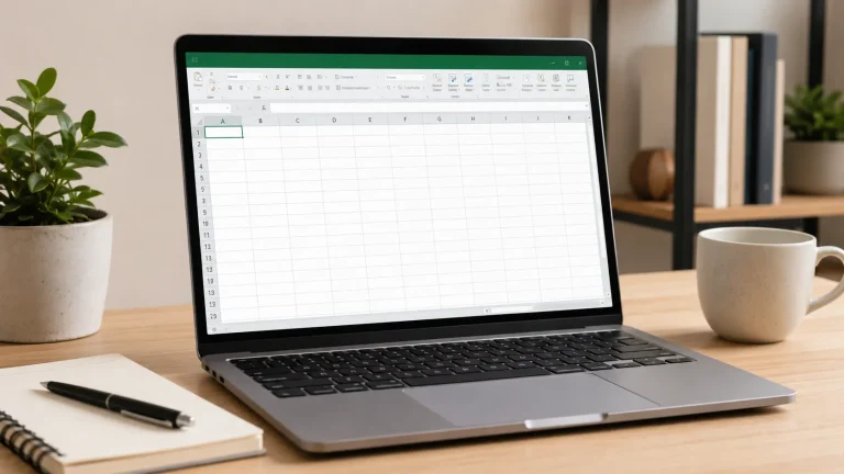 Minimalist desk setup with a laptop showing a blank Excel worksheet, ideal for a guide on creating a simple spreadsheet in Excel.