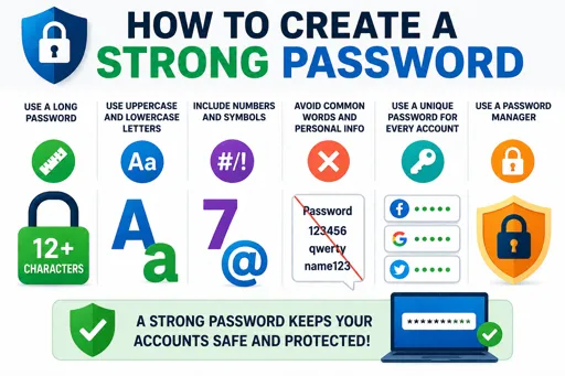 Illustration showing how to create a strong password with a lock icon and visual elements representing length, symbols, and secure account protection. 