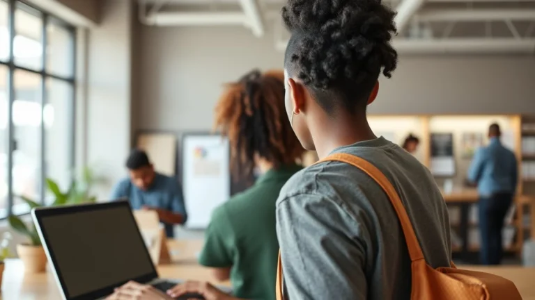 Person learning artificial intelligence skills on a laptop in a modern workspace