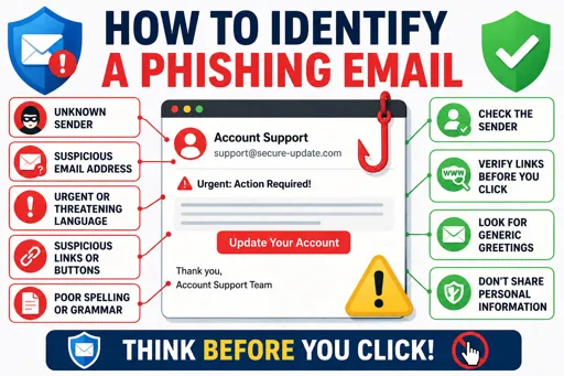Infographic showing how to identify a phishing email with warning signs like suspicious sender, urgent message, fake links, and safe practices to verify emails. 