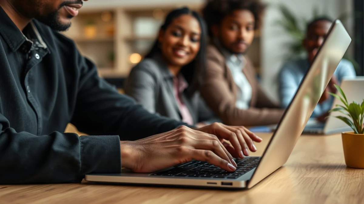 Person learning artificial intelligence skills on a laptop in a modern workspace