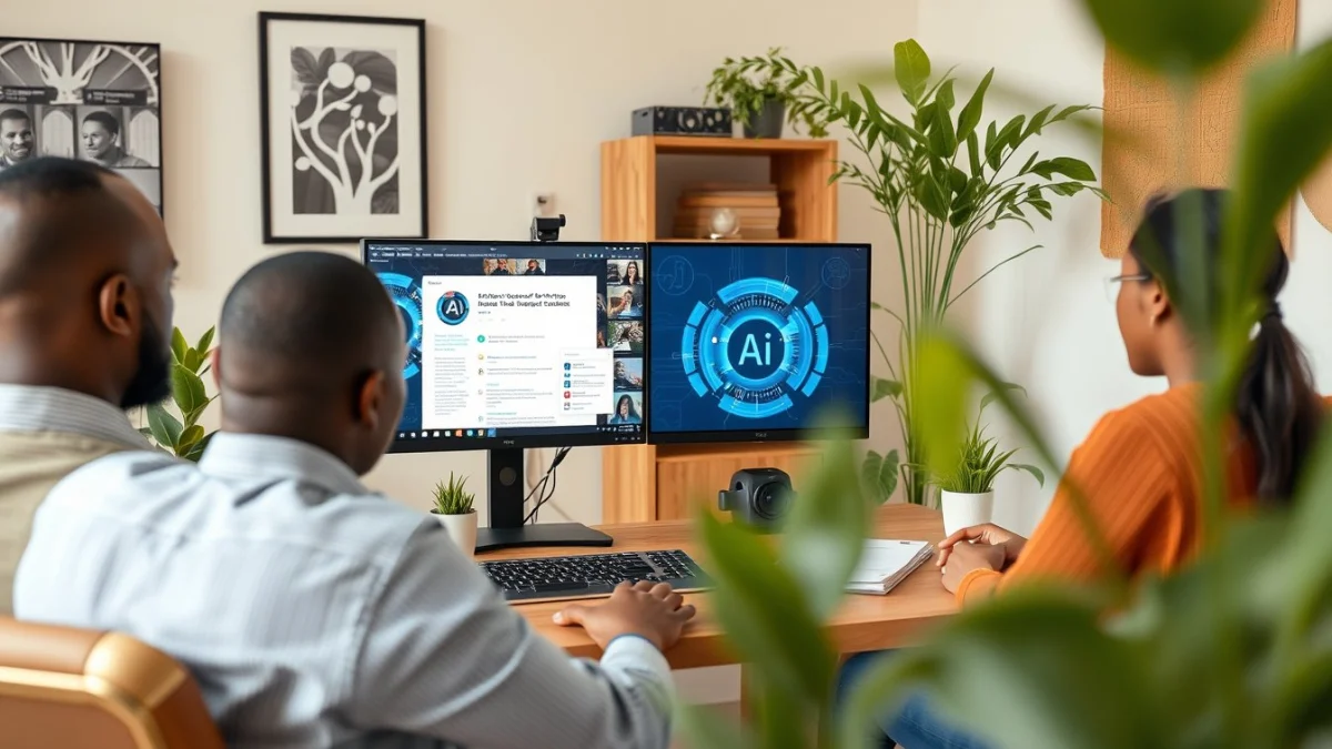 Person learning artificial intelligence skills on a laptop in a modern workspace