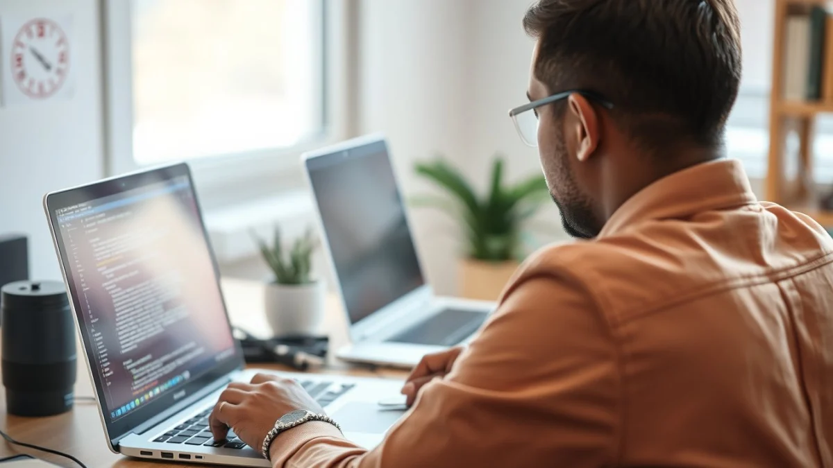 Person learning artificial intelligence skills on a laptop in a modern workspace