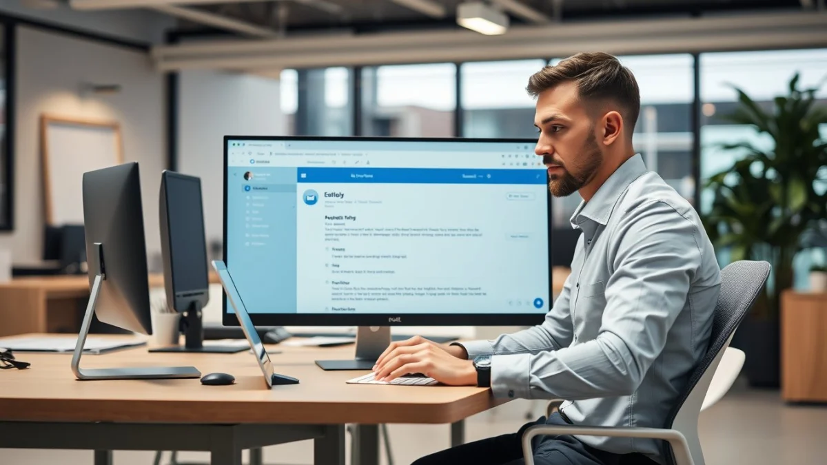 Person learning set up an automatic out of office reply in outlook in a modern educational setting