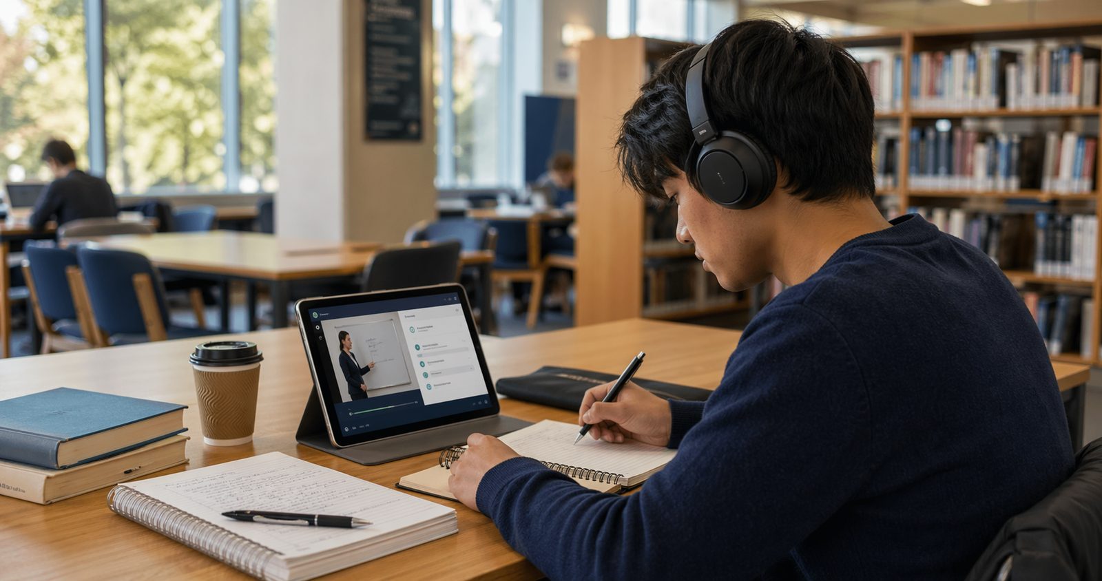 Learner studying online for free in a quiet library space