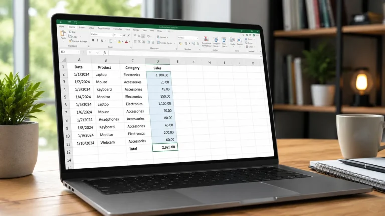 Laptop showing a simple Excel spreadsheet with numeric columns on an office desk, suitable for a guide on using SUM in Excel.
