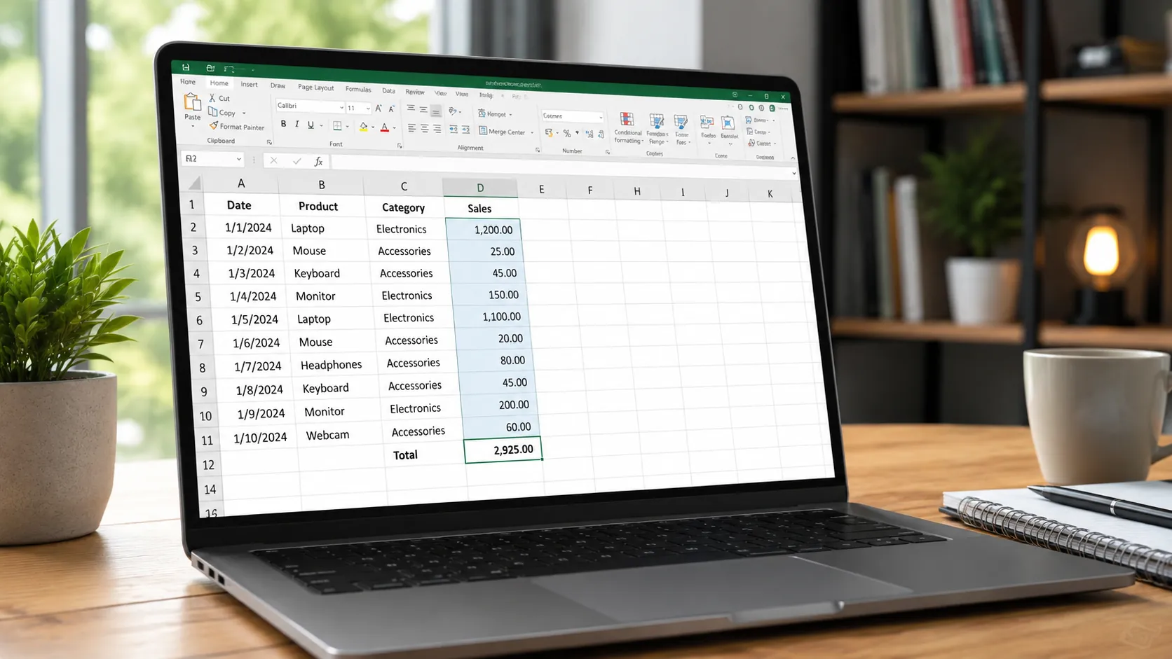 Laptop showing a simple Excel spreadsheet with numeric columns on an office desk, suitable for a guide on using SUM in Excel.