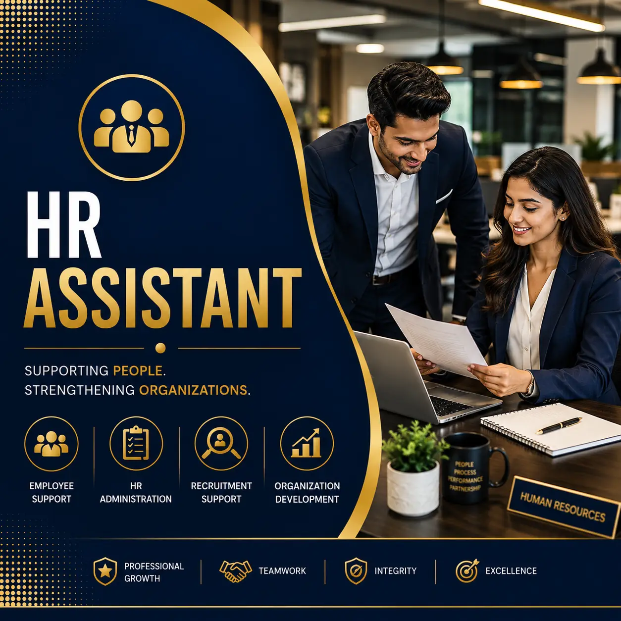 HR Assistant course cover featuring two human resources professionals reviewing employee documents in a modern office with a blue and gold professional design.