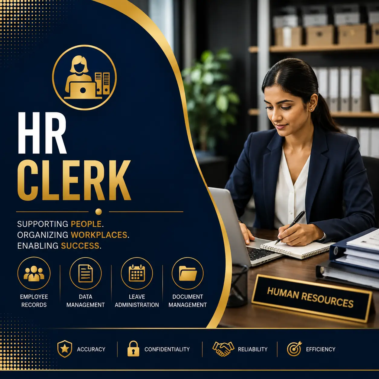HR Clerk course cover featuring a professional human resources administrator working with employee records in a modern office.