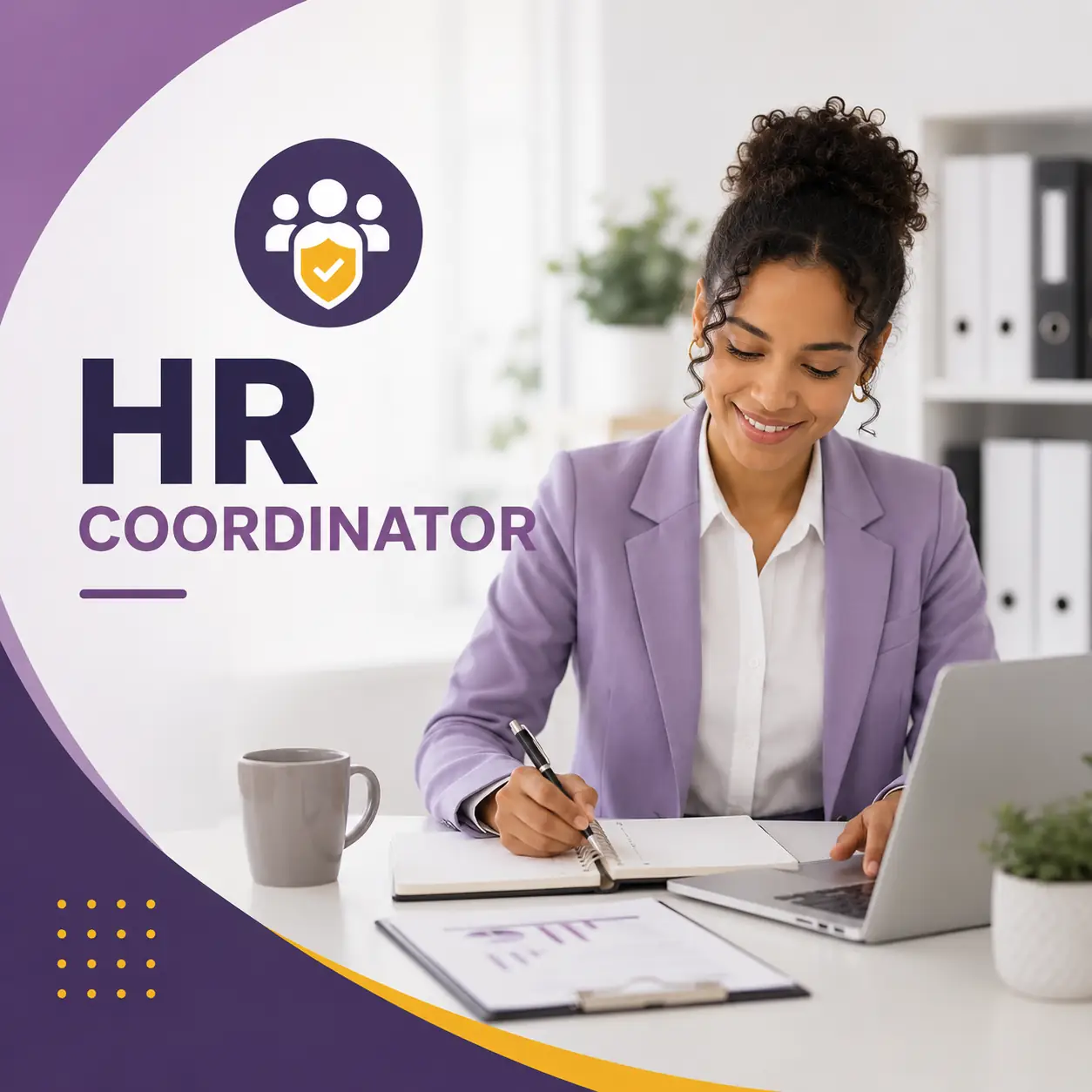 HR Coordinator course cover featuring a human resources professional working with employee records, a laptop, and HR documentation.