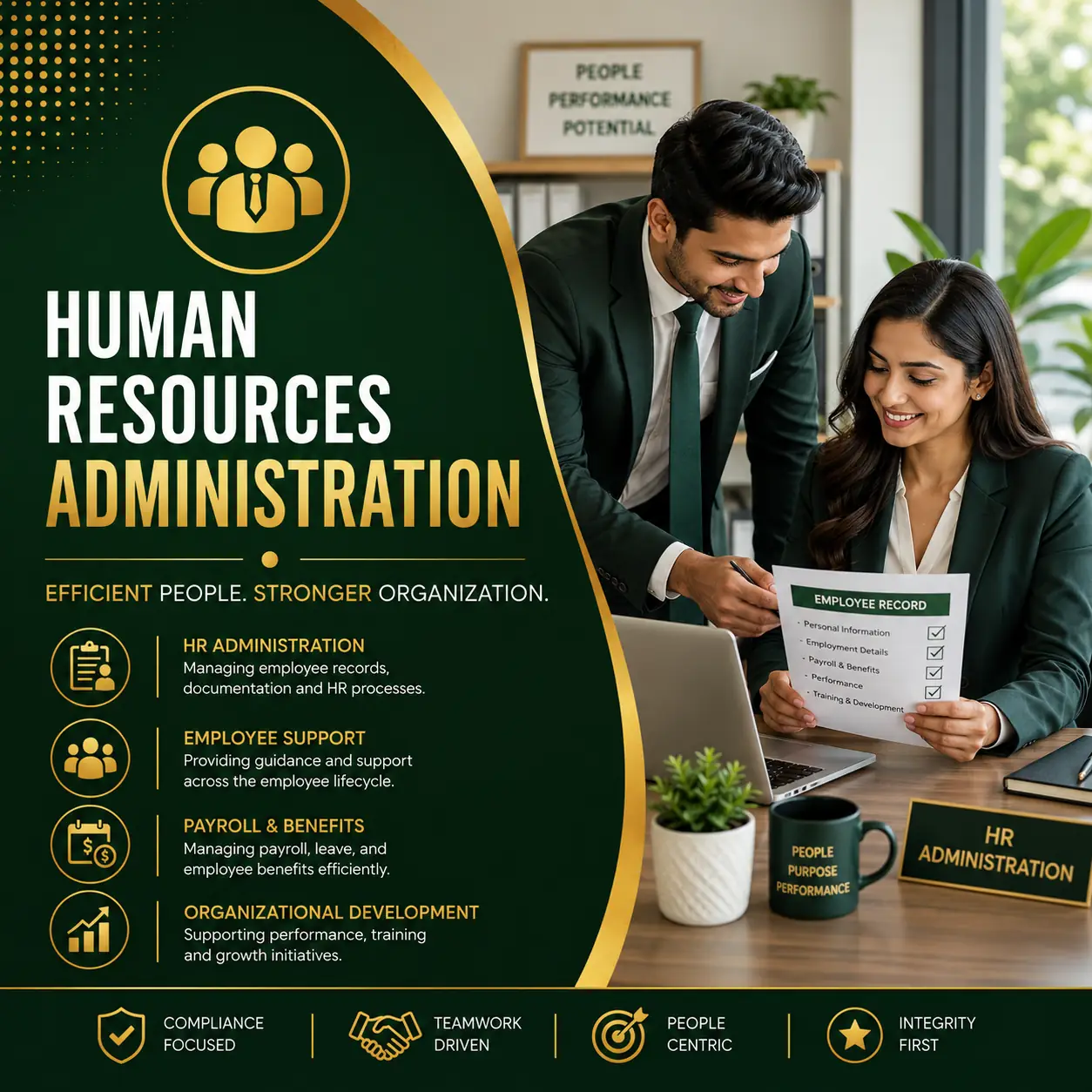 Human Resources Administration course cover featuring HR professionals reviewing employee records in a modern office.