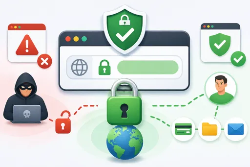 Illustration showing a secure website with a green lock and shield, contrasting safe user access with an insecure hacker connection. 