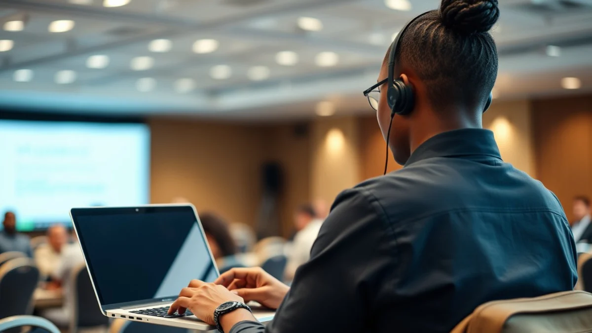 Person learning artificial intelligence skills on a laptop in a modern workspace