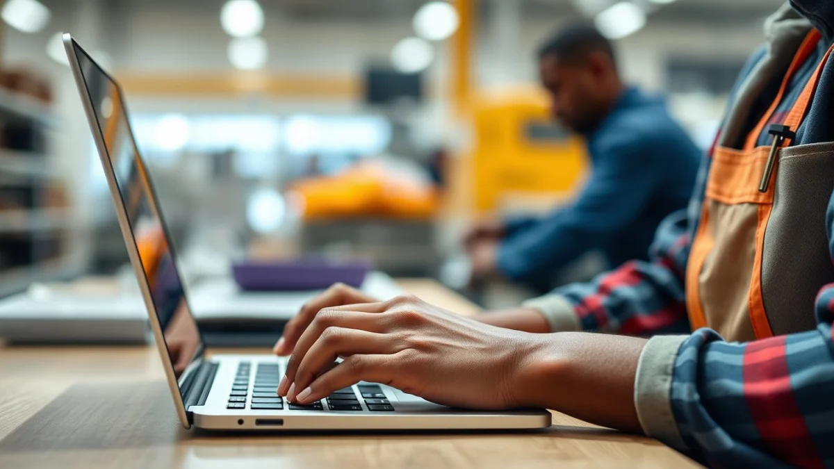 Person learning artificial intelligence skills on a laptop in a modern workspace